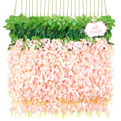48Pcs Artificial Wisteria Hanging Flowers, 3.6Ft/Pcs Pink Fake Wisteria Garland for Wedding Party Home Garden Indoor Outdoor Decoration - color: Pink, size: 48Pcs