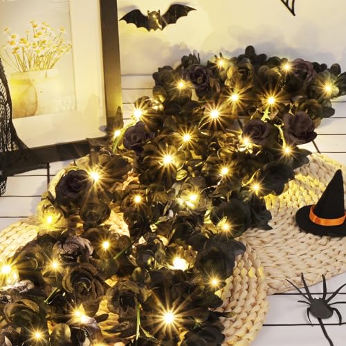 BLEUM CADE 5Pcs 41Ft Flower Garland Artificial Rose Vines with 32.8Ft String Lights, Cute Fake Hanging Flower Vines Floral Garland Decorations for Halloween Wedding Party Room Decor Aesthetic - color: Black With Lights, size: 5 Pcs