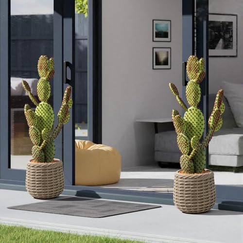 Artificial Cactus Plant Outdoor, 28” Big Fake Cacti Plants with Realistic Prickly Pear in Brown Pot, Faux Floor Plant Indoor for Home Living Room Foyer Porch Balcony Garden 2PCS
