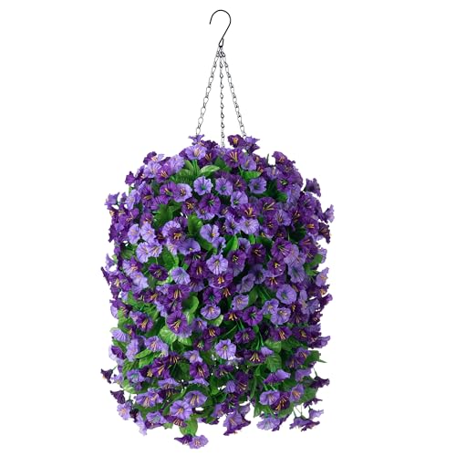INXUGAO Artificial Flowers with Hanging Basket, Outdoor Faux Plants Silk Morning Glory Vines, Fake Green Arrangement for Garden Patio Spring Summer Decor(4 pcs,Purple) - color: Purple
