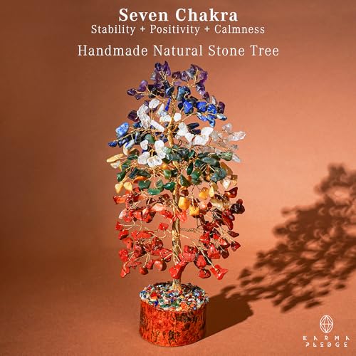 7 Chakra Healing Crystal Tree of Life for Manifestation, Handmade Crystal Tree for Good Luck, Positive Energy, Reiki, Home Office Room Wall Decor, Unique Birthday Gift for Women, Men, Mom & Dad - color: Wooden Base 7 Chakra Full Golden Wire Tree