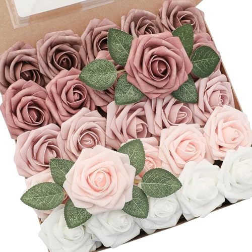 Artificial Flowers Roses with Stems for DIY Wedding Christmas Tree Bouquet Baby Shower Centerpiece Floral Arrangement Party Home Decor Mothers Day Decorations (Gradient Color Gold, 25 Pieces) - color: Gradient Color Gold, size: 25