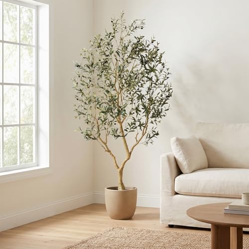 Olive Trees Artificial Indoor, 7FT Faux Olive Tree with Lifelike Branches and Realistic Olives, Large Fake Tree for Home House Office Living Room Decor - size: 7ft