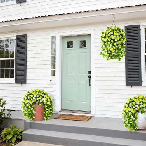 Artificial Fake Hanging Flowers for Outdoors, 2 Pcs Artificial Hanging Plants Outdoors Spring Summer Decor, UV Resistant Faux Violet Silk Flowers for Planters Front Door Yard Garden(Yellow White) - color: Yellow White