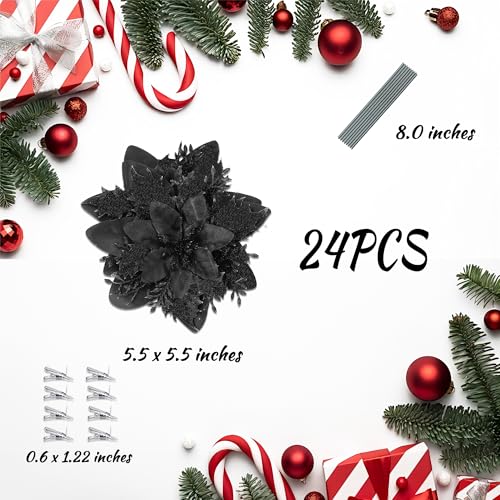 SITUMEIZI 24 Pcs Black Christmas Tree Decorations Black Ornaments for Christmas Tree Glitter Poinsettia Artificial Flowers 5.5" with Clips Fake Christmas Ornaments Xmas Tree Wreath New Year Decoration - color: Black