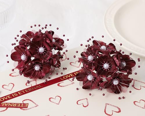 72 Artificial Silk Pearl Spray Craft Flower for Home Craft DecorDIY Wedding Bridal Veil Headband Dress Cake Topper Embellishment Scrapbook Favor Corsage Floral Bouquet Arrangement (Burgundy) - color: Burgundy