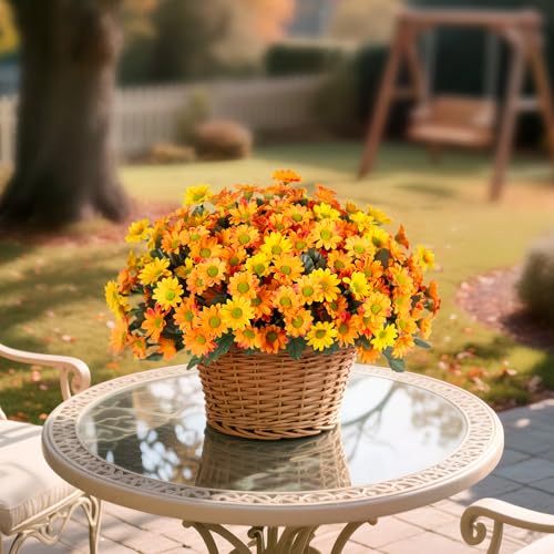 Fake Mums Fall Artificial Flowers for Outdoor Decoration, 6 Bundles Faux Silk Daisy Flowers Realistic UV Resistant No Fade Fall Fake Plants for Home Patio Porch Garden Window Box Decor(Yellow Orange) - color: Yellow Orange