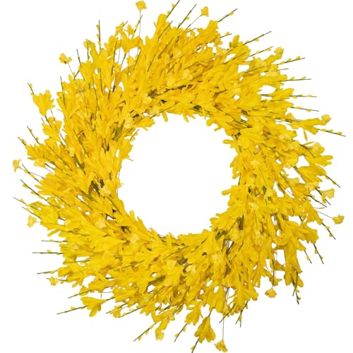 24 Inch Artificial Yellow Forsythia Flower Wreaths, Silk Leaves Paper Floral Wreath for Front Door, Spring Summer Decor, All Season Wreath for Wall Window Farmhouse Wedding Home Decor - color: Yelllow