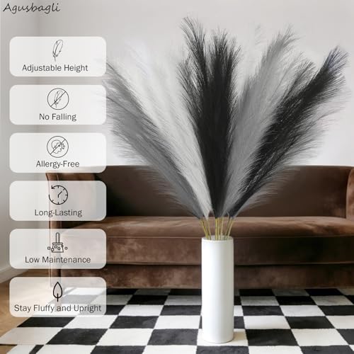 Agusbagli 8 Pcs Black Faux Pampas Grass Decor 35“ Fluffy Tall Artificial Colored Pampas Grass Large Fake Pompous Grass Stems White Flower Arrangement Floor Vase Filler for Home Wedding Boho Decor - color: Black & White & Grey