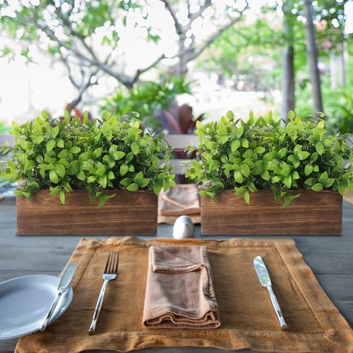 Lyrow 2 Pack 11.4 '' Artificial Eucalyptus Plants in Rectangular Rustic Wooden Planter Box Faux Potted Herb Plant Greenery Centerpiece for Cabinet Windowsill Table Shelf Wedding Decor (Brown) - color: Brown, size: 11.4 ''