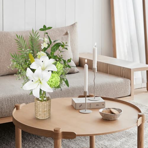 Hollyone Fake Flowers with Vase, Easter Lily Flowers, White Silk Tiger Lily and Hydrangea Artificial Flowers in Vase, Faux Plants and Flowers Arrangement Bouquets for Table Centerpieces Home Decor - color: White