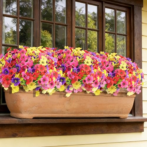 16 Bundles Colorful Artificial Flowers for Outdoors Realistic Fake Silk Flowers Faux Plants for Summer Outside Garden Porch Window Box Planters Home Farmhouse (4 Colors) - color: Rose Red and Yellow and Red and Purple, size: 15inches-16pcs