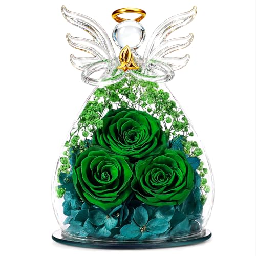 Beferr Gifts for Mom Birthday Gifts for Women, Fresh Flowers for Delivery Forever Preserved Rose in Glass Angel Figurine, Anniversary Christian Real Rose for Grandma Wife Mother from Daughter Son - color: Q Green