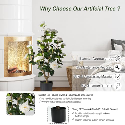 Artificial Camellia Tree 2 Pack - Realistic Camellia Plants in Pot with White Flowers, Lifelike Faux Greenery for Living Room, Patio, or Wedding, White - color: White