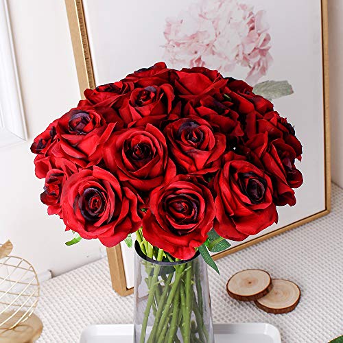 Luyue 10PCS Artificial Roses Flower with Stems Slik Fake Flowers Bouquet Realistic Long Stem Faux Rose for Valentines Day Wedding Home Decor - color: Gradient Burgundy