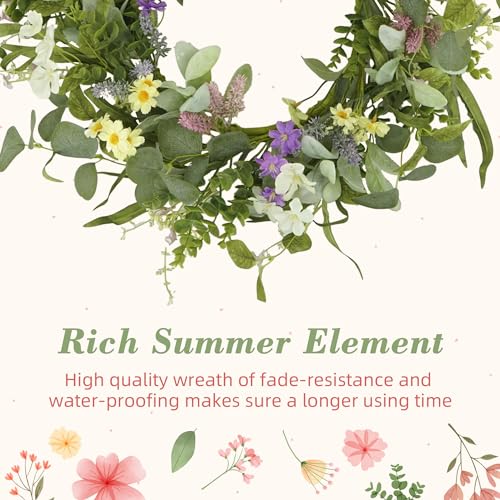 YNYLCHMX 20" Spring Summer Wreaths for Front Door, Artificial Floral Wreath with Multi-Colored Flower & Green Eucalyptus Leaves, Green Foliage Wreath for Wall Window Farmhouse Party Holiday Home Decor - color: Flower & Eucalyptus