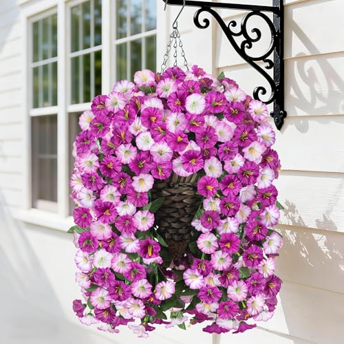 Artificial Fake Hanging Flowers Basket for Outdoor Indoor Decoration,UV Resistant Faux Silk Light Fuchsia and Fuchsia Morning Glory Flowers Plants Realistic Hanging Planter for Outside Home Porch Yard - color: Light Fuchsia+fuchsia Morning Glory