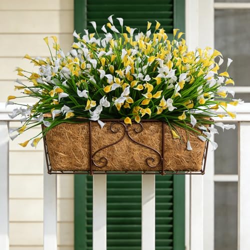 INXUGAO 12 Bundles Calla Lily Artificial Flowers for Outdoors, UV Resistant Faux Plastic Flowers for Home Porch Yards, Fake Plants for Spring Summer Cemetery Decor (Yellow White) - color: Yellow White, size: 12 Pcs