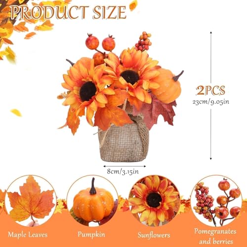 9 Inch Fall Decorations for Home 2 Pack Sunflowers Artificial Flowers with 40 LEDs Potted Autumn Leaves Pumpkin Fall Centerpieces for Tables Shelf Farmhouse Party Thanksgiving Decorations