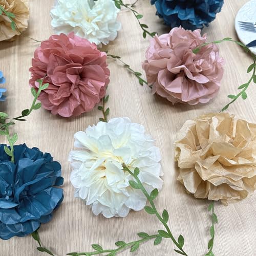 Dusty Rose Pink Blue Khaki Beige Tissue Paper Flowers Pom Pom with Leaf Ribbon Hanging Garland Streamer for Gender Reveal Baby Shower He or She Boy or Girl Vintage Themed Party Decorations Supplies - color: dusty blue pink