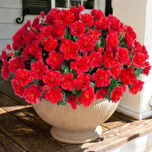 Ivydale Artificial Faux Red Flowers Plants for Outdoor Outside Spring Decor, Fake Silk Camellia UV Resistant Look Real for Planter Porch Patio Balcony Garden Table Indoor, 3 Large Bundles - color: A Red