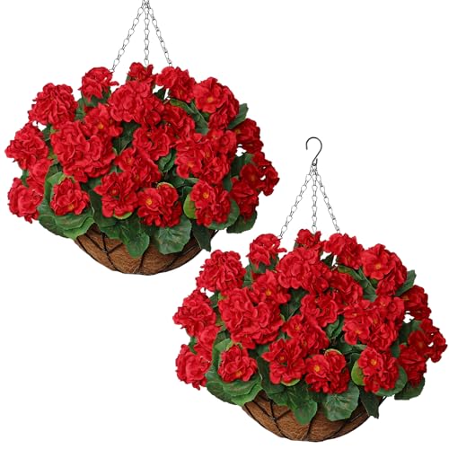 KHOYIME Artificial Hanging Flowers Plants Basket for Outdoors Indoor 2 Set Faux Silk Red Geraniums Fake Planters Realistic UV Resistant Spring Summer Home Outside Garden Porch Patio Balcony Yard Decor
