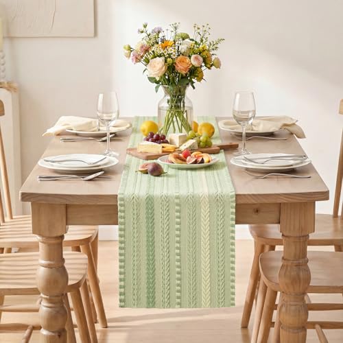 Artoid Mode Sage Green Farmhouse Woven Table Runner, Seasonal Holiday Rustic Kitchen Dining Table Decoration for Home Party Decor 12x72 Inch - color: Sage Green, size: 12" x 72", Table Runner