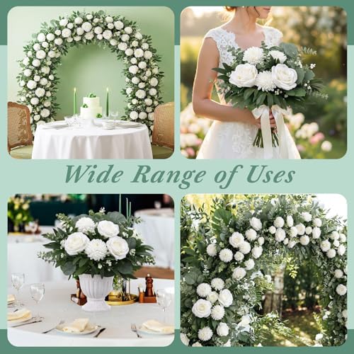 Yinder 120 Pcs 7 Kinds Artificial Eucalyptus Stems and Faux Flowers Bulk Mixed Fake Greenery Silver Dollar Eucalyptus Leaves Artificial Baby's Breath Dandelions for Wedding DIY Vase Floral Bouquets