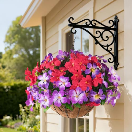 Homsunny Artificial Flowers for Outdoor, Fake Silk Flowers UV Resistant, Realistic Faux Plants Flowers for Front Door Porch Planter Patio Yard Garden Spring Decor - color: Deep Purple+ Light Purple+red