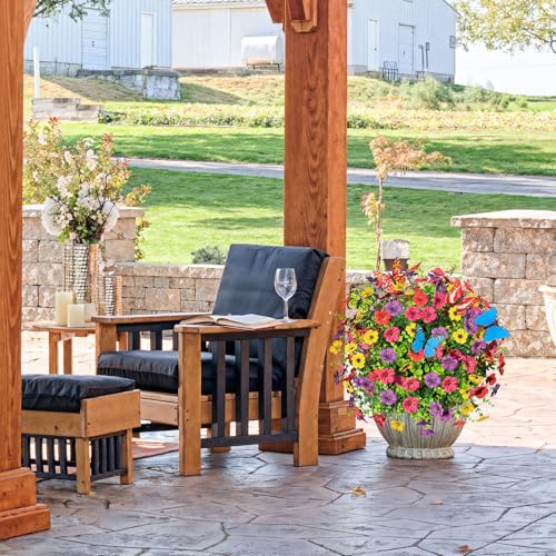 ICX 2 PCS Artificial Boxwood Topiary Ball Trees with Flowers, 23.6" Outdoors Fake UV Resistant Plants Faux Eucalyptus Shrubs Bushes for Porch Patio Garden (Butterfly) - color: Mix With Butterfly