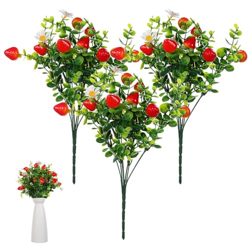 TOYANDONA 3 Pcs Artificial Eucalyptus Stems with Faux Strawberry Branches Realistic Greenery Bouquet for Home Decor Wedding Centerpieces Office and Party Decoration