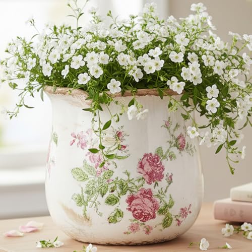 Xiaan Jiaju Shabby Chic Flower Pot, 6.11 Inch Ceramic Planter with Drainage for Indoor Plants, Vintage Ceramic Vase, Country Chic Spring Garden Home Decor, Pink Rose Floral - color: Rose Floral