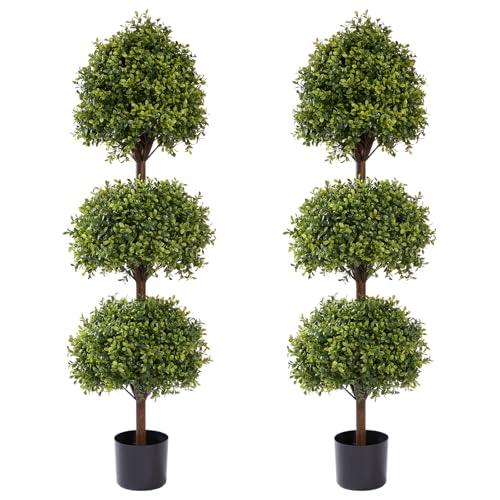 THE BLOOM TIMES 55" Tall Artificial Boxwood Triple Ball Topiary Trees, UV Resistant Large Fake Potted Plants for Outdoor Planter, Realistic Faux Bushes Shrubs for Front Porch Outside Decor Set of 2 - color: Boxwood-dgjl, size: 55 inch