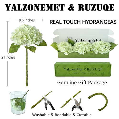 YalzoneMet RUZUQE Light Green Hydrangea Artificial Flowers, 3 Pcs Lifelike Real Touch Latex Hydrangea Fake Flowers, 21 inch Faux Green Flower for Home Wedding Decor Flower Arrangement - color: Light Green