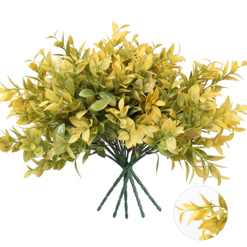 6 Bundles Artificial Greenery Stems, 14.5" Fake Lucky Bamboo Leaves Fall Faux Flowers Plants UV Resistant Plastic Shrubs for Garden Patio Porch Farmhouse Pathway Thanksgiving Outdoor Indoor Decoration - color: Yellow
