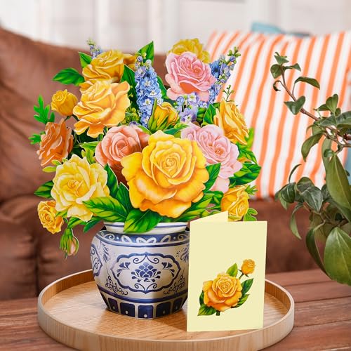 Airpark Pop Up Flower Bouquet Card for Women, 3D Floral Greeting Card with Envelope and Note, Birthday Thank You Thinking of You Get Well Gift for Mom Friend Wife Teacher, Yellow Rose - style: Yellow Roses