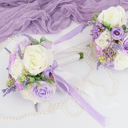 Bridesmaid Bouquets for Wedding 1 Pack - 9 Inch Artificial Flowers Bouquets for Ceremony Anniversary Centerpieces Decorations - Dusty Purple - color: Dusty Purple, size: Set of 1 Bridesmaid Bouquets