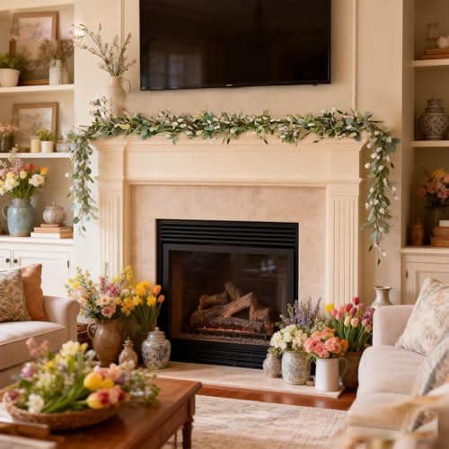 70 Inch Lamb Ears Greenery Garland with Ivory Forsythia Flowers, Year Round Farmhouse Floral Garland for Mantel Stair Fireplace, All Seasons Indoor Outdoor Everyday Decor - color: Garland