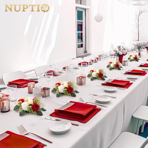 NUPTIO Flower Wreath for Table Centerpieces: 9.05 Inch Small Crimson & White Candle Rings 10 Pcs for Wedding Party Christmas Decorations - Rose Wreaths for Spring Summer Front Door Porch Decor - color: Crimson & White, size: Dia 9.05"-10pcs