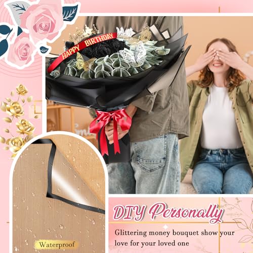 XunYee Bouquet Kit 20 Sheet Flower Wrapping Paper 100 Pcs Bamboo Skewers Floral Foam Blocks for Anniversary Birthday Gift Graduation Mother's Day(Transparent Black) - color: Transparent Black