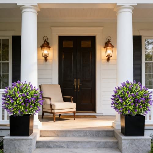 2 Pack 25" Artificial Lavender Topiary Ball Trees for Outdoors, UV Resistant Faux Evergreen Shrubs with Ground Spikes, Fake Bush Ball Plants for Front Porch, Patio, Garden, Indoor Outdoor Home Decor - color: Lavender