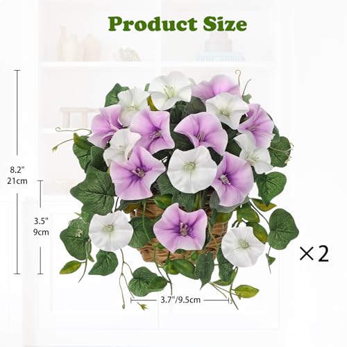Briful 2 Pack Fake Morning Glory with Handwoven Basket - 8.2in Faux Potted Flowers Silk Floral Table Centerpiece for Home Office Room Shelf Desk Decor - color: Dusty Purple