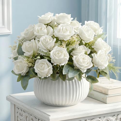 Fake Roses White Roses Artificial Roses Fake Rose Silk Roses Artificial Roses with Stems 24 Full Flower Heads Faux Roses for Indoor Centerpieces home Wedding Farmhouse Decoration No Vase (4PCS,White) - color: White 4pcs