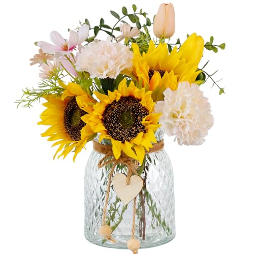 Leftover Fake Flowers in Vase, Artificial Sunflower Bouquets with Flower Arrangement Holder, Table Centerpieces for Dining Room, Faux Silk Sunflowers, Carnations and Tulips Arrangement - color: Pink