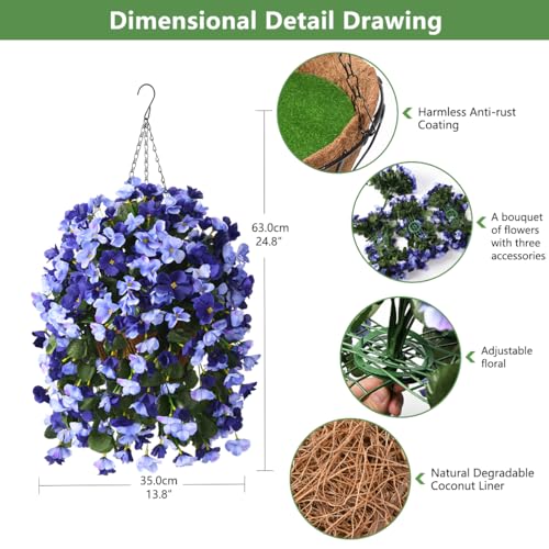 INQCMY Artificial Hanging Flowers Basket for Outdoors Spring Summer Decoration,Faux Silk Begonia in Planter Look Real UV Resistant for Outside Home Porch Patio Garden Balcony Yard Decor（Deep Blue） - color: Deep Blue