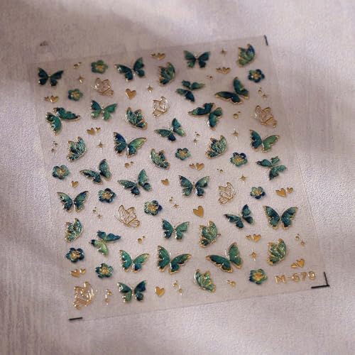 Butterfly Nail Art Stickers 5D Jelly Design Blackish Green Nail Decals 1PCS Embossed Gradient Butterfly Wing Adhesive Stickers Accessories Summer Bronzing Nail Decor for Manicure - style: Style7-Green Butterfly
