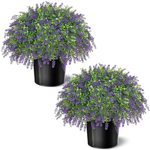 Artificial Boxwood Topiary Ball with Lavender - Set of 2 for Front Porch Decoration,Fake Bushes Potted Plants Faux Greenery Tree UV Resistant for Outdoor Indoor Garden Farmhouse Home Decor (Purple)