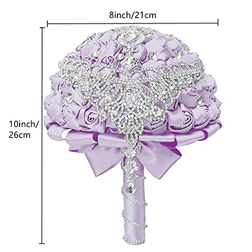 XINNI Handmade Bridal Wedding Bouquet Bride Bridesmaid Satin Rose Flower Bouquet with Drop-Shaped Rhinestone Wedding Decoration Light Purple - color: Lightpurple