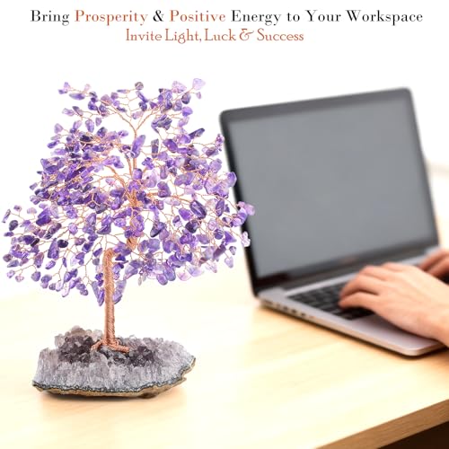 Natural Gemstone(406 Stone Count) Amethyst Crystal Tree of Life,Chakra Balancing Positive Enegy Fengshui Decor Bonsai Money Tree,Good Luck Spiritual Gift Height 8.5-9 Inches - color: Amethyst With Amethyst Cluster Base