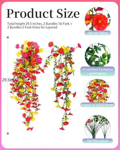 Cascading Fake Hanging Flowers for Outdoors,Realistic Artificial Hanging Plants Yard Decorations,4 Bundles UV Resistant NO Fade Silk Colorful Morning Glory for Outside Garden Planter Front Porch Decor - color: Red Yellow Rose